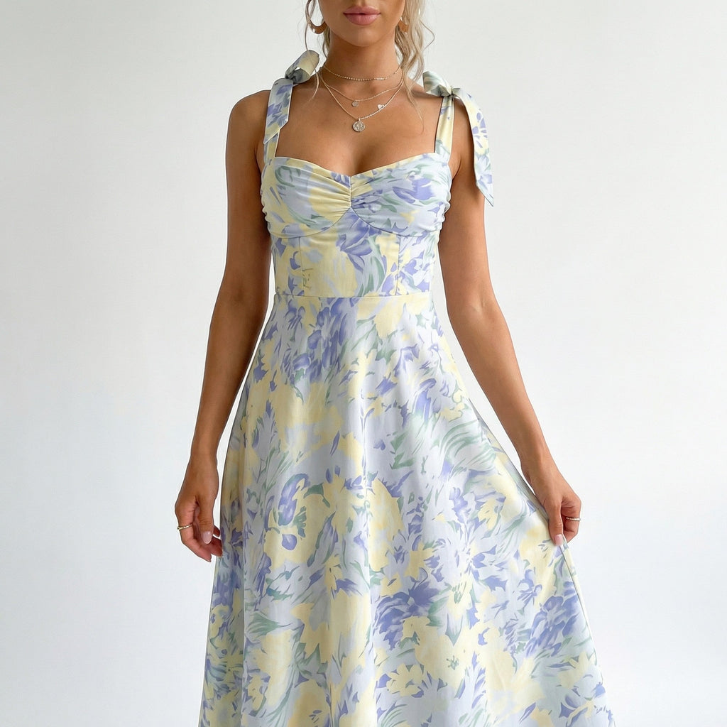 Women’s Pastel Floral Midi Dress – Empire Waist Sweetheart Neck Garden Party Dress