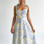 Women’s Pastel Floral Midi Dress – Empire Waist Sweetheart Neck Garden Party Dress