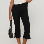 Black Capri Pants with Satin Bow Hem Detail Women's Cropped Flare Trousers