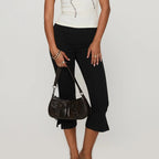 Black Capri Pants with Satin Bow Hem Detail Women's Cropped Flare Trousers