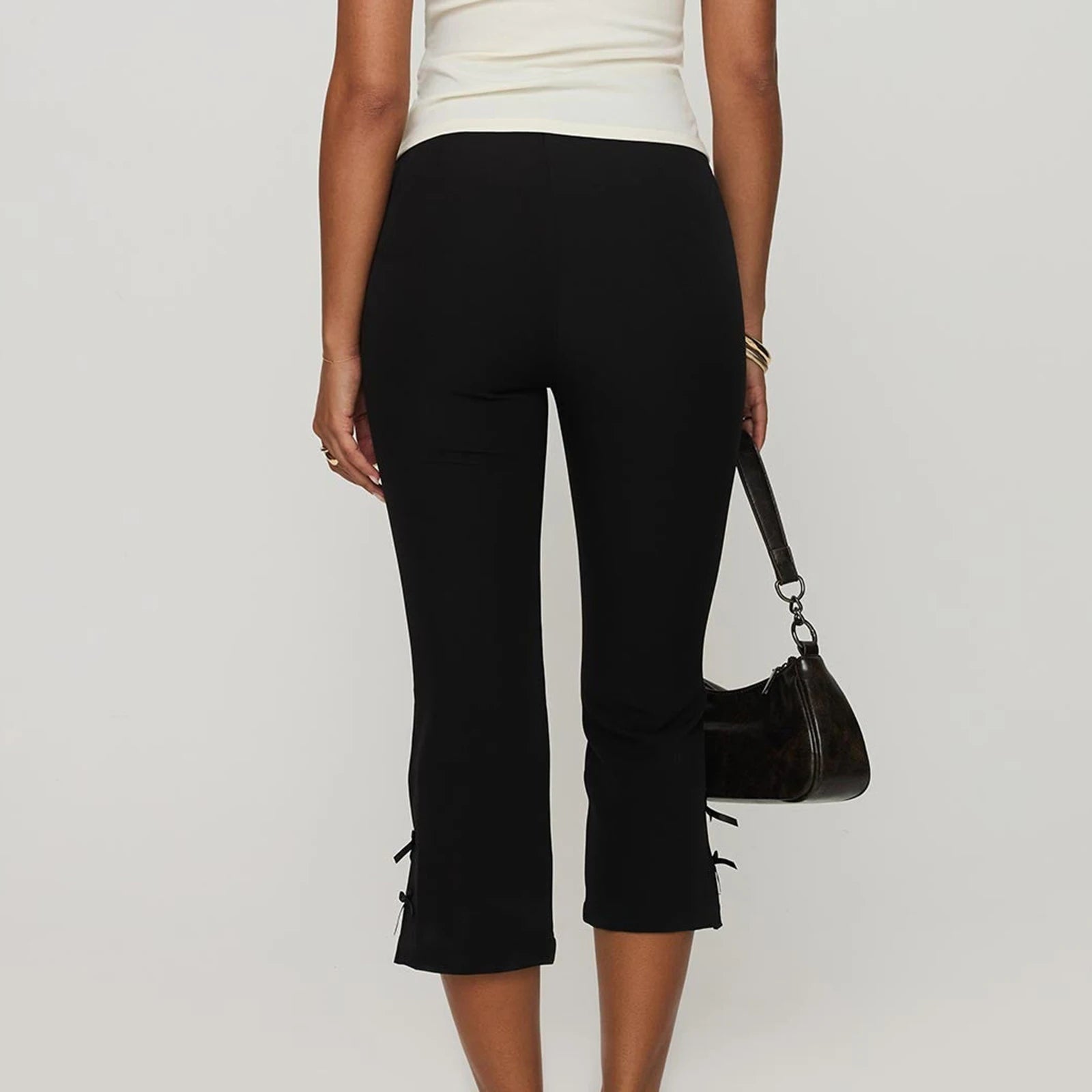 Black Capri Pants with Satin Bow Hem Detail Women's Cropped Flare Trousers