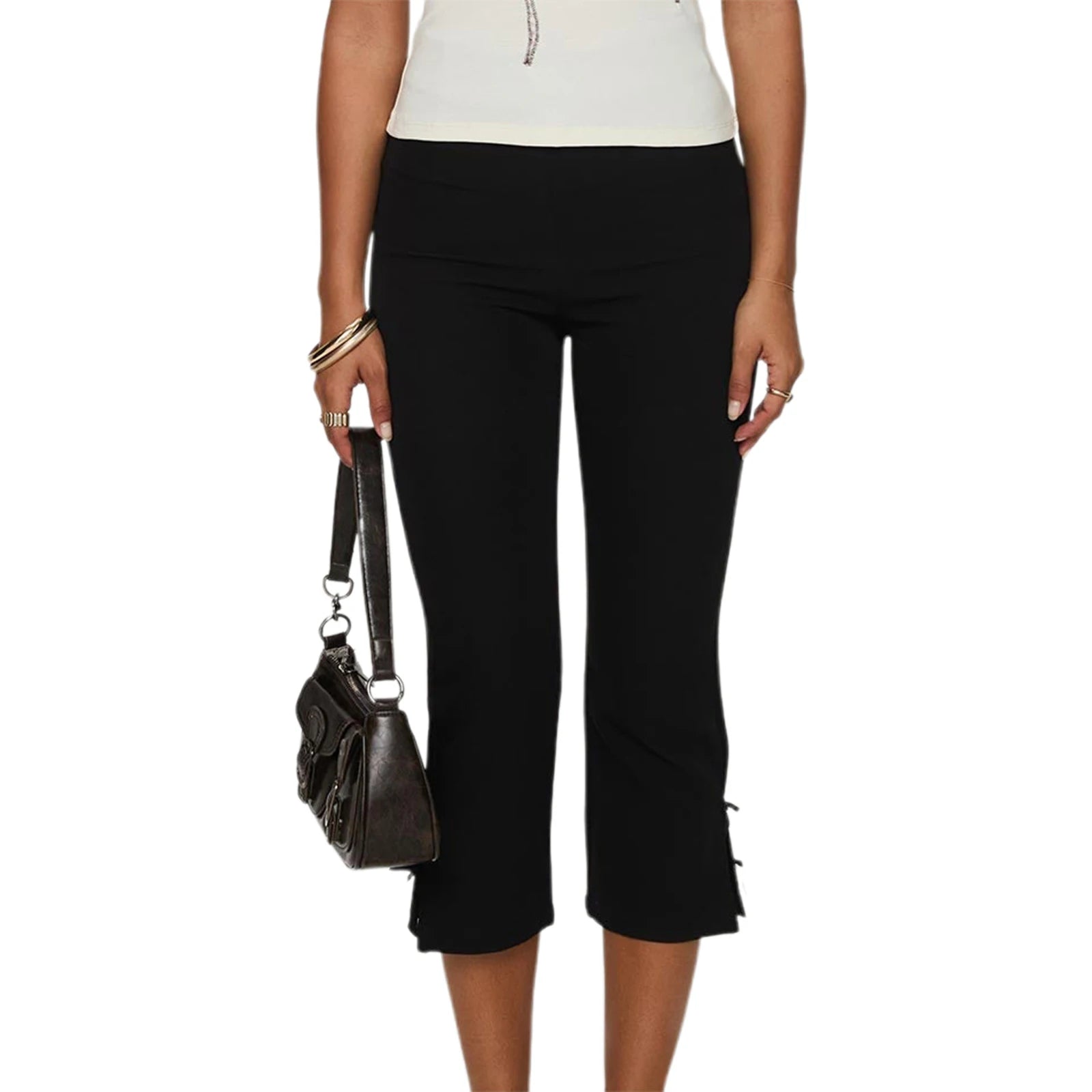 Black Capri Pants with Satin Bow Hem Detail Women's Cropped Flare Trousers