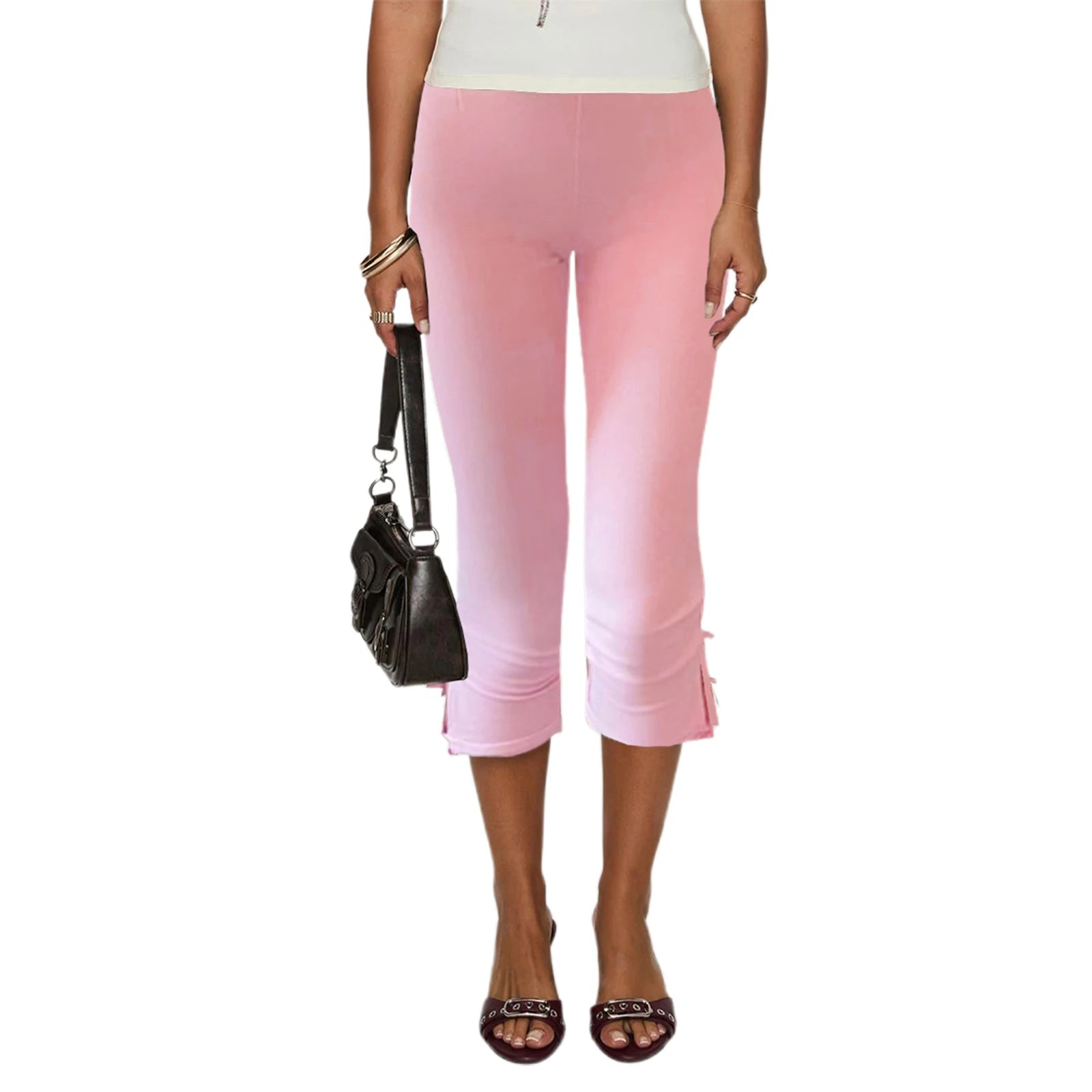 Black Capri Pants with Satin Bow Hem Detail Women's Cropped Flare Trousers