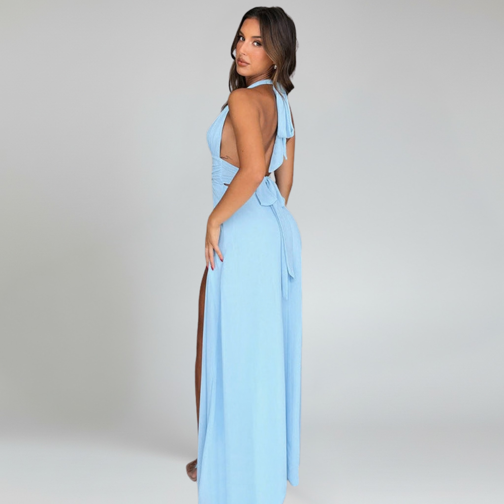 Women’s Halter Neck Maxi Dress – Deep V-Neck Open Back Elegant Formal Dress with High Slit