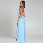 Women’s Halter Neck Maxi Dress – Deep V-Neck Open Back Elegant Formal Dress with High Slit