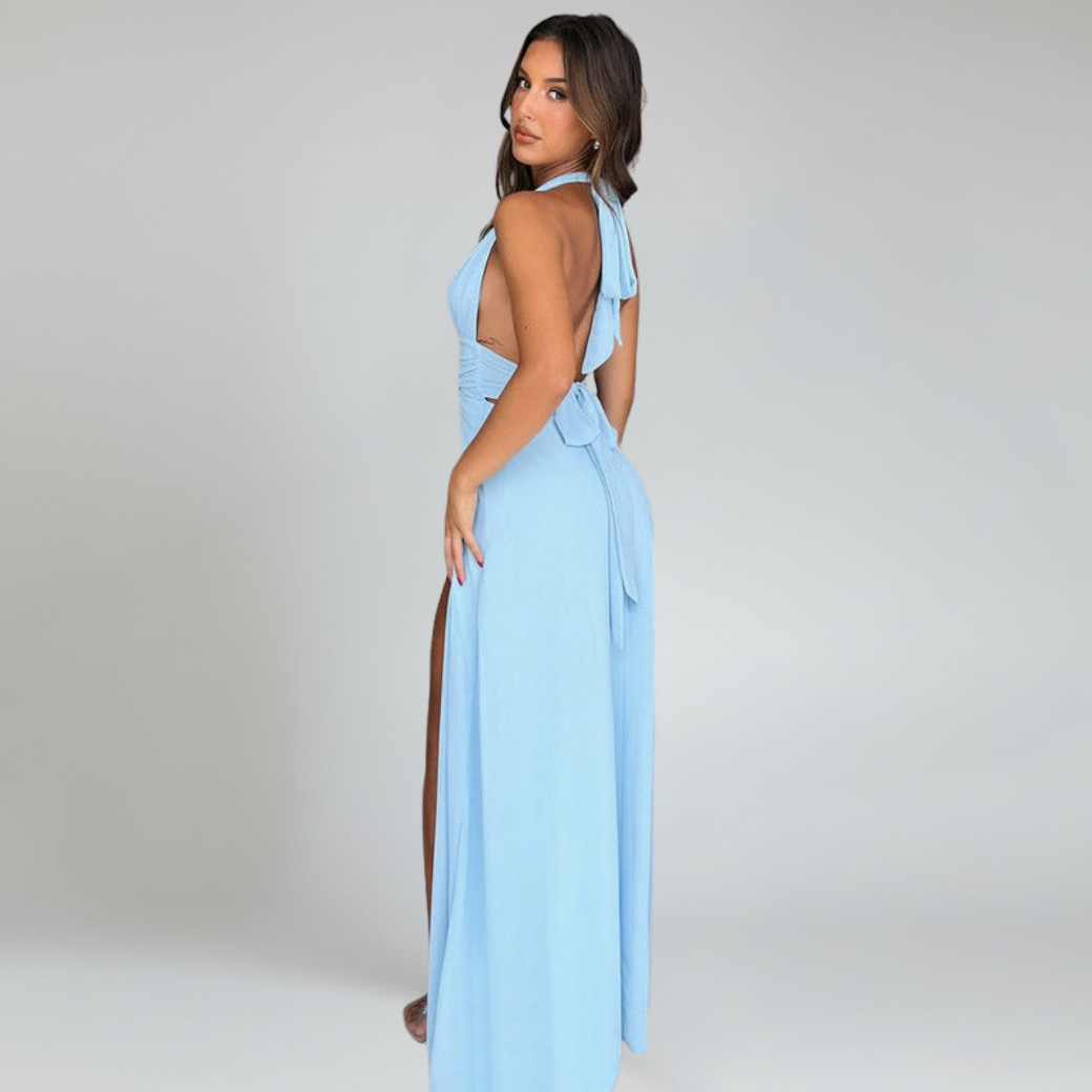 Women’s Halter Neck Maxi Dress – Deep V-Neck Open Back Elegant Formal Dress with High Slit