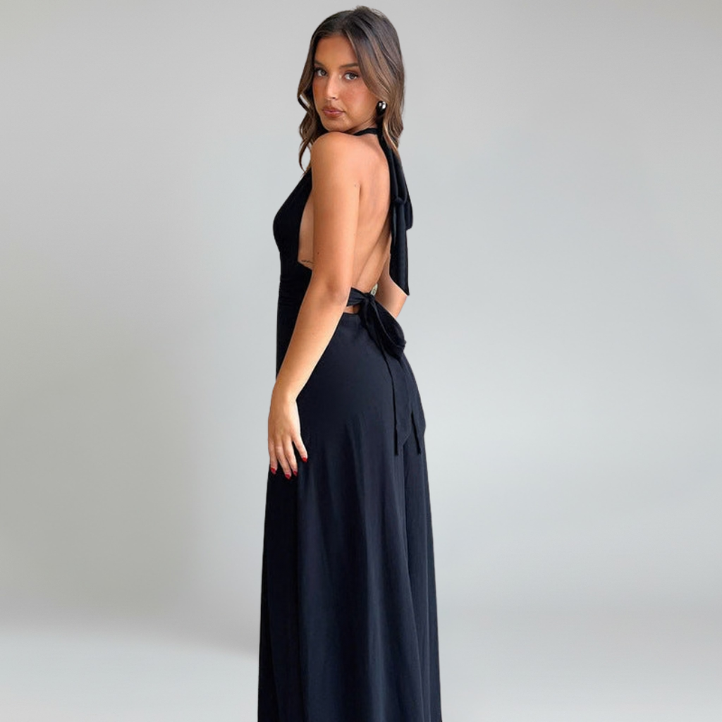 Women’s Halter Neck Maxi Dress – Deep V-Neck Open Back Elegant Formal Dress with High Slit