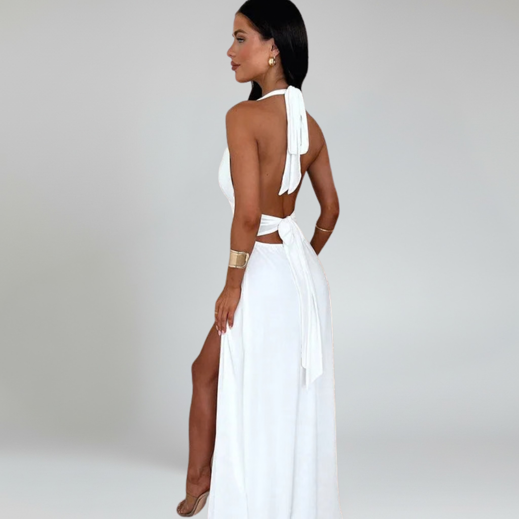 Women’s Halter Neck Maxi Dress – Deep V-Neck Open Back Elegant Formal Dress with High Slit