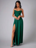 Women’s Satin Cowl Neck Maxi Dress – Elegant Slit Formal Evening Dress with Spaghetti Straps