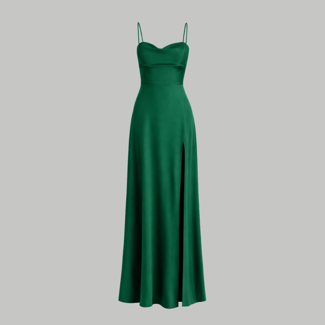 Women’s Satin Cowl Neck Maxi Dress – Elegant Slit Formal Evening Dress with Spaghetti Straps