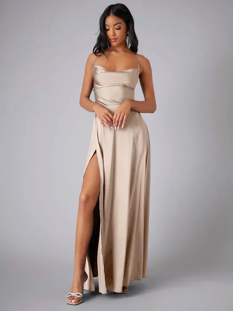 Women’s Satin Cowl Neck Maxi Dress – Elegant Slit Formal Evening Dress with Spaghetti Straps
