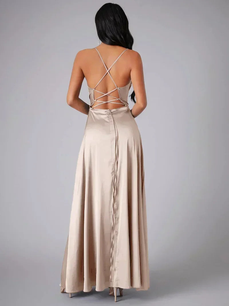 Women’s Satin Cowl Neck Maxi Dress – Elegant Slit Formal Evening Dress with Spaghetti Straps