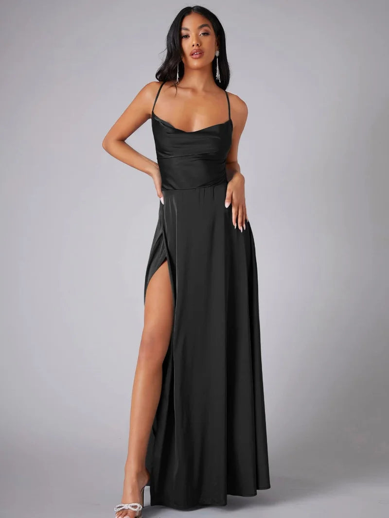 Women’s Satin Cowl Neck Maxi Dress – Elegant Slit Formal Evening Dress with Spaghetti Straps