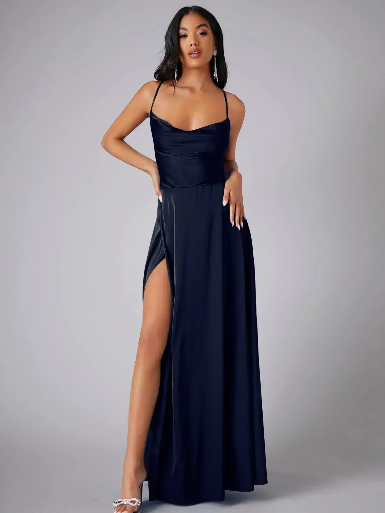 Women’s Satin Cowl Neck Maxi Dress – Elegant Slit Formal Evening Dress with Spaghetti Straps