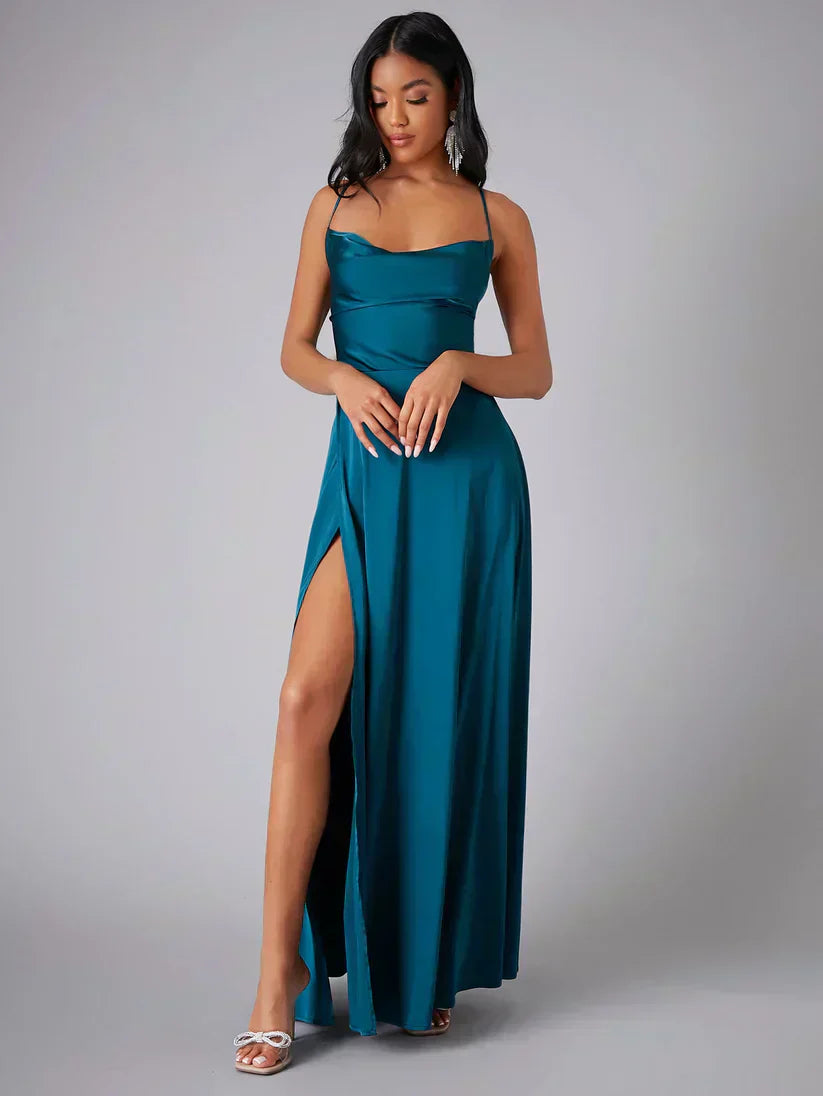 Women’s Satin Cowl Neck Maxi Dress – Elegant Slit Formal Evening Dress with Spaghetti Straps