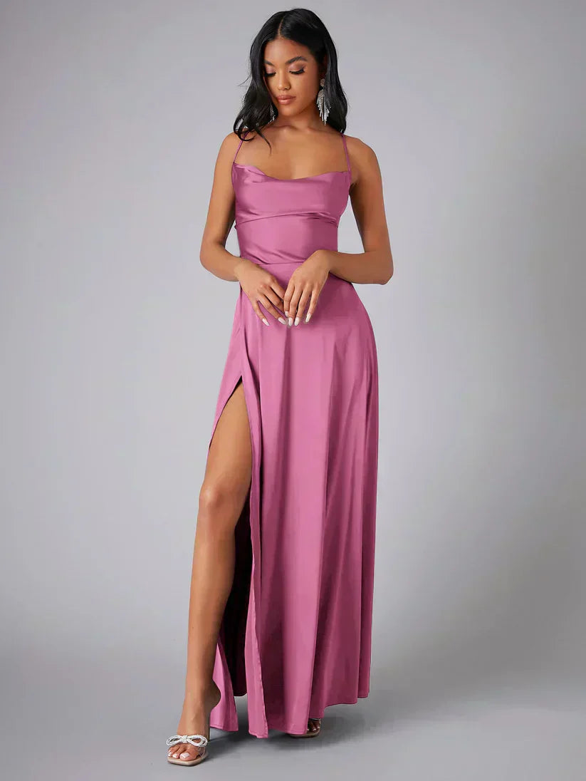 Women’s Satin Cowl Neck Maxi Dress – Elegant Slit Formal Evening Dress with Spaghetti Straps
