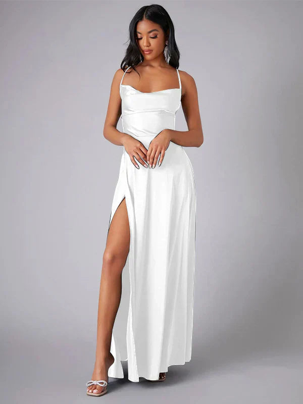 Women’s Satin Cowl Neck Maxi Dress – Elegant Slit Formal Evening Dress with Spaghetti Straps