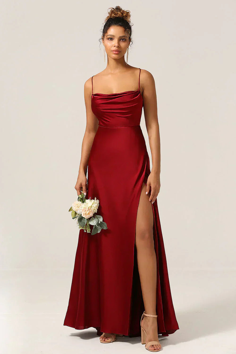 Women’s Satin Cowl Neck Maxi Dress – Elegant Slit Formal Evening Dress with Spaghetti Straps