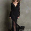 Women’s Lace Mermaid Evening Dress – Deep V-Neck Ruffle Mesh Maxi Gown with Slit for Cocktail Parties & Formal Events