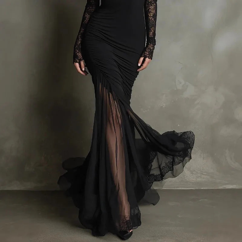Women’s Lace Mermaid Evening Dress – Deep V-Neck Ruffle Mesh Maxi Gown with Slit for Cocktail Parties & Formal Events