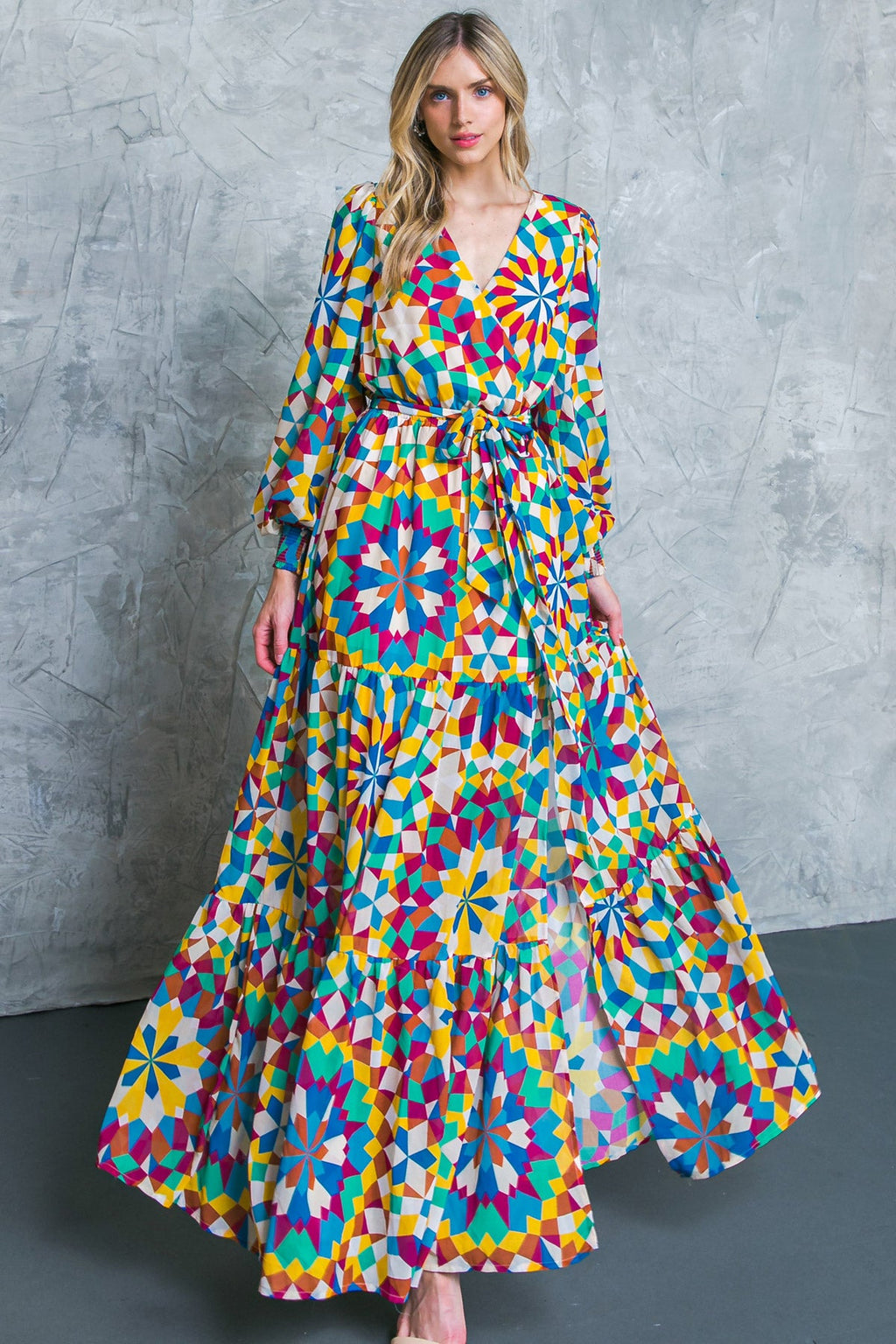 Printed Surplice Long Sleeve Smocked Cuff Maxi Dress