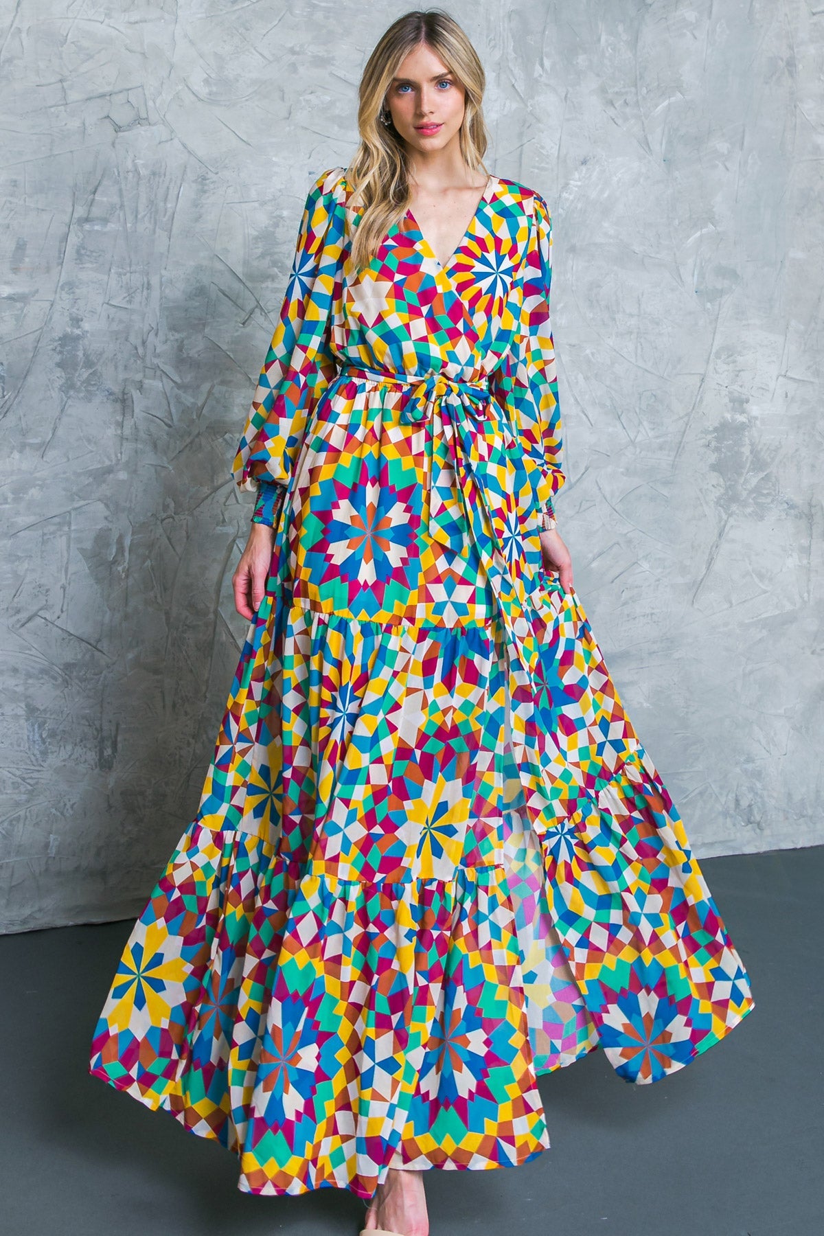 Printed Surplice Long Sleeve Smocked Cuff Maxi Dress