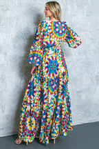 Printed Surplice Long Sleeve Smocked Cuff Maxi Dress