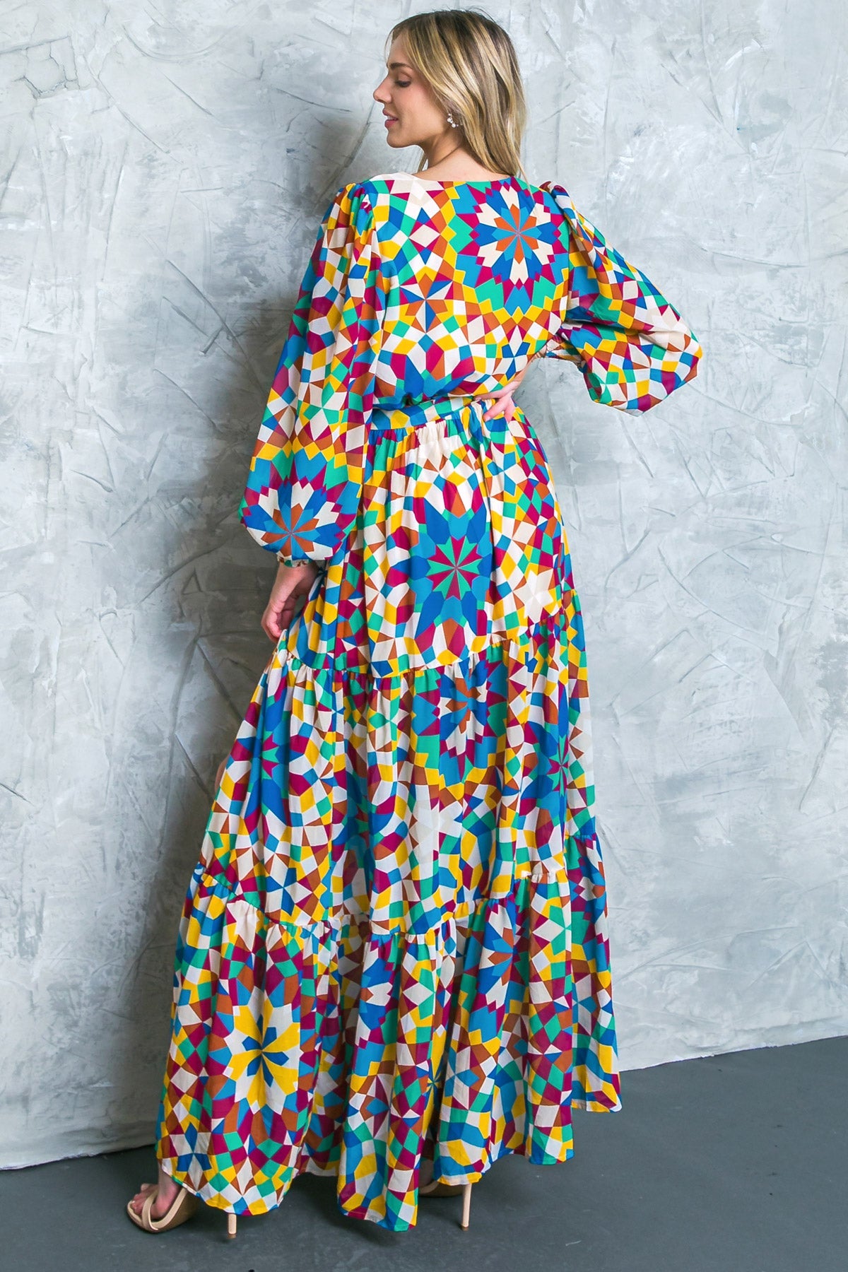 Printed Surplice Long Sleeve Smocked Cuff Maxi Dress