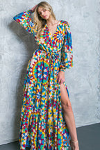 Printed Surplice Long Sleeve Smocked Cuff Maxi Dress