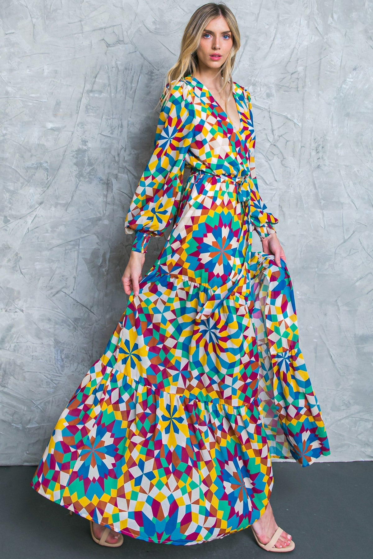 Printed Surplice Long Sleeve Smocked Cuff Maxi Dress
