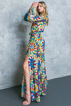 Printed Surplice Long Sleeve Smocked Cuff Maxi Dress