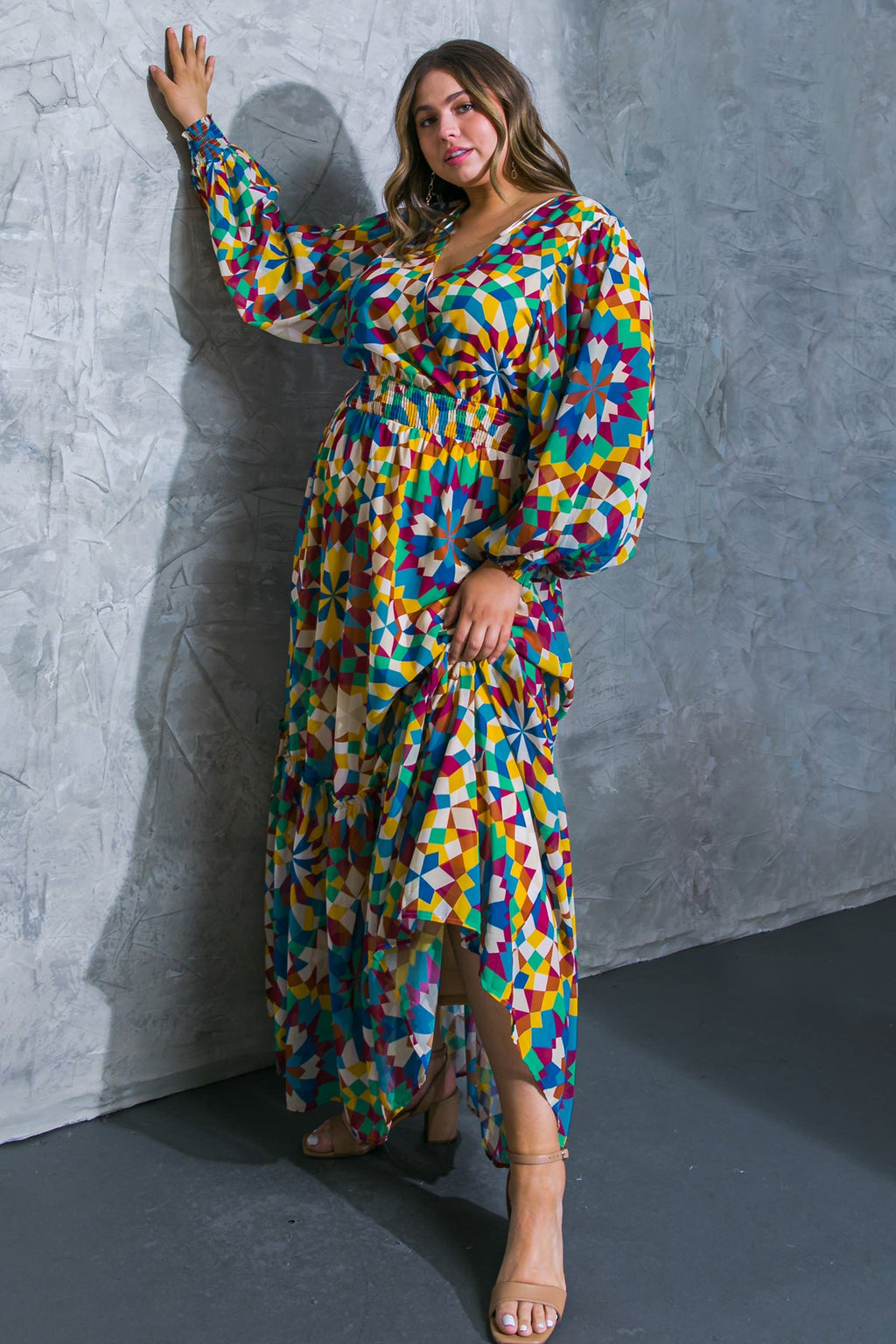 Printed Surplice Long Sleeve Smocked Cuff Maxi Dress
