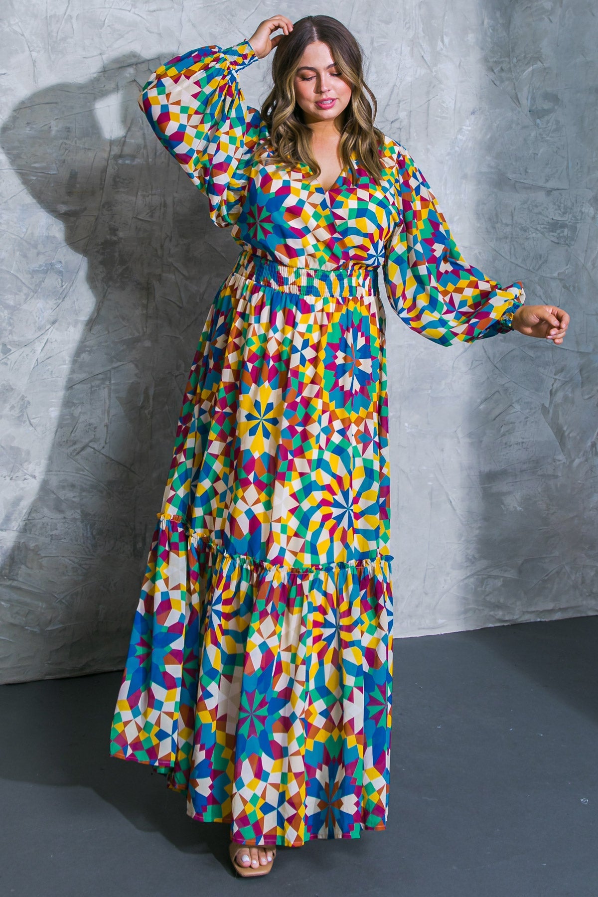 Printed Surplice Long Sleeve Smocked Cuff Maxi Dress