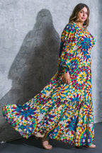 Printed Surplice Long Sleeve Smocked Cuff Maxi Dress