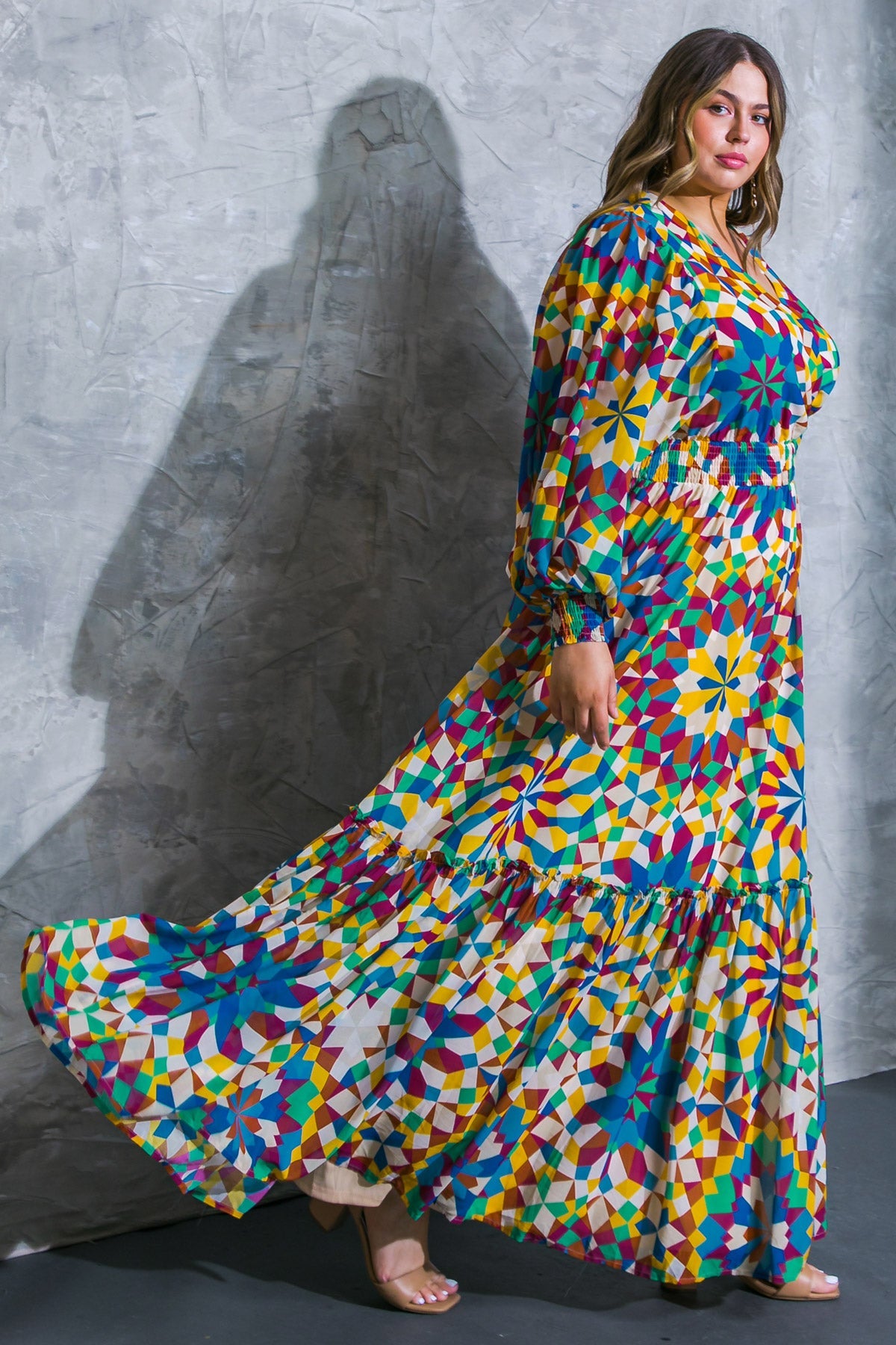 Printed Surplice Long Sleeve Smocked Cuff Maxi Dress