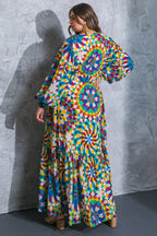 Printed Surplice Long Sleeve Smocked Cuff Maxi Dress