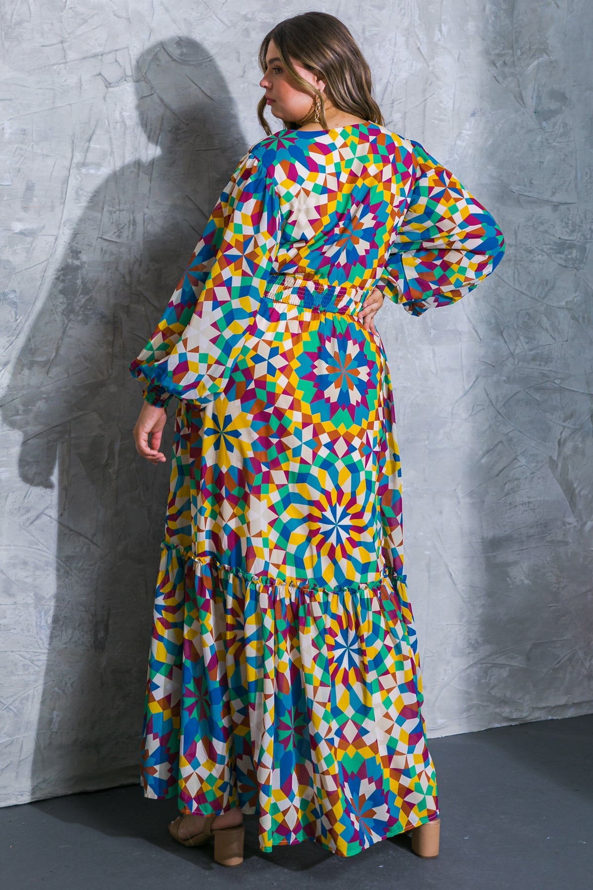 Printed Surplice Long Sleeve Smocked Cuff Maxi Dress