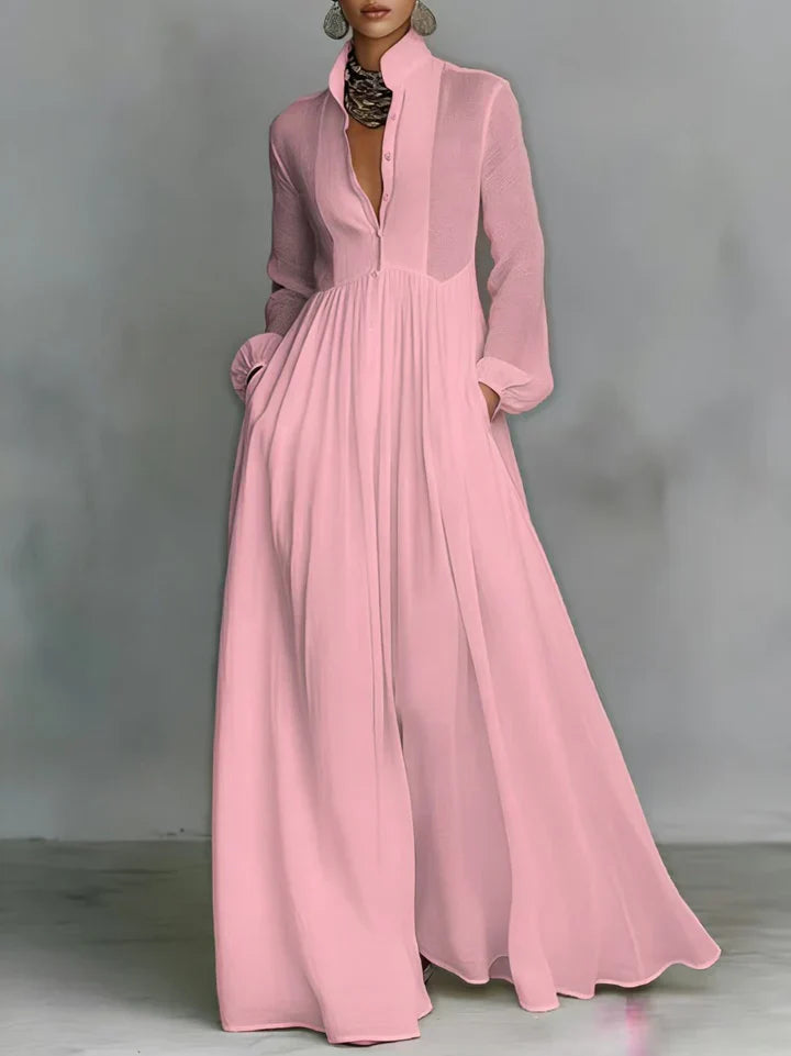 Women’s Cotton Linen Blend Flowing Button Front Maxi Dress Relaxed Fit Gathered Waist Full Length Summer Elegant Casual Vacation Resort Dress