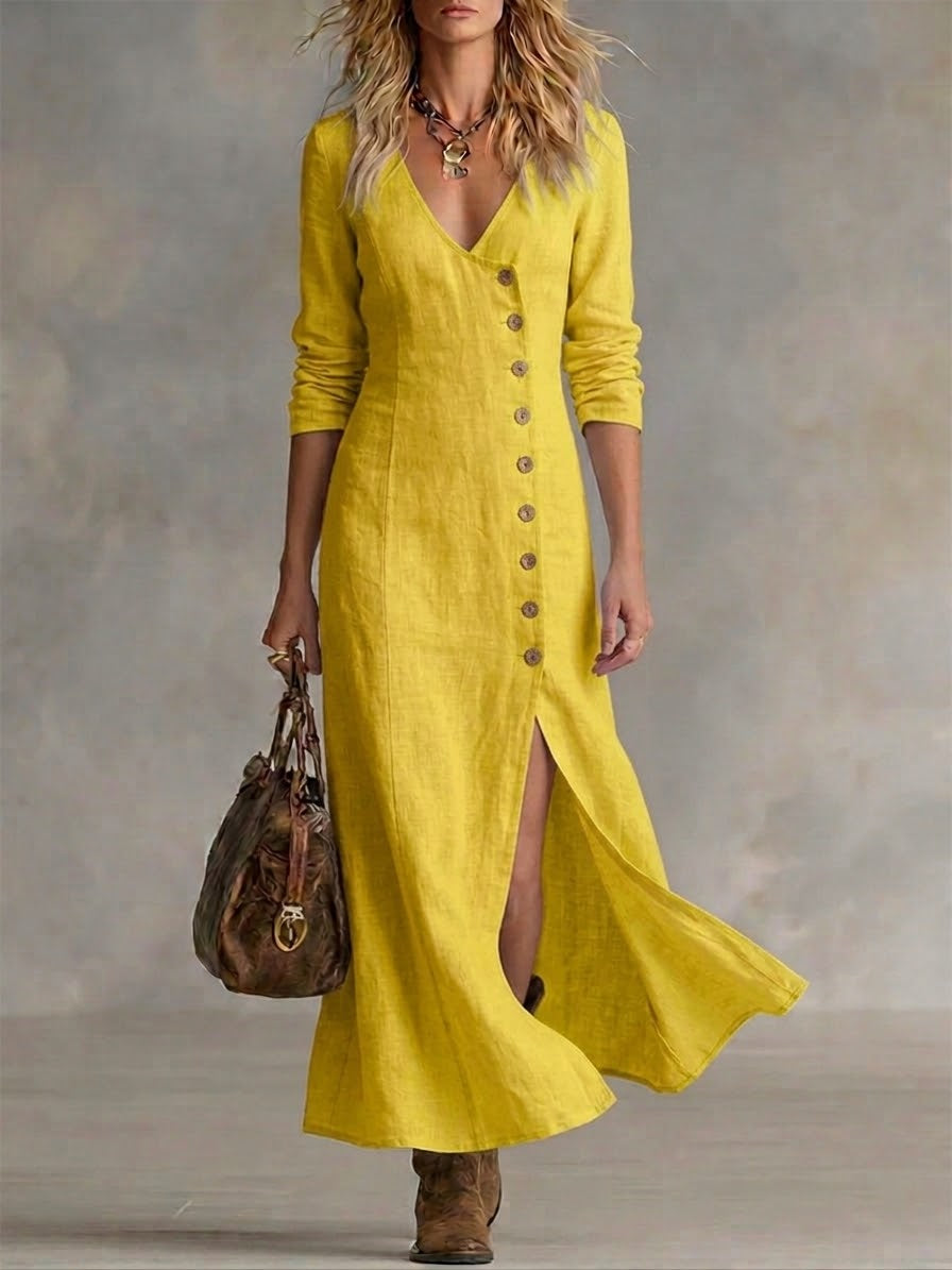 Women’s Elara Button Front Maxi Dress Fitted Silhouette Side Slit Elegant Long Dress Lightweight Breathable Casual to Formal Versatile Summer Outfit