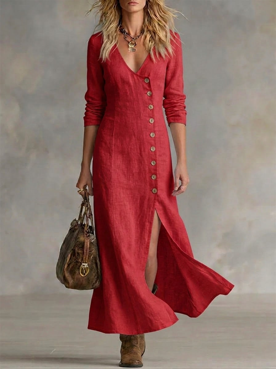 Women’s Elara Button Front Maxi Dress Fitted Silhouette Side Slit Elegant Long Dress Lightweight Breathable Casual to Formal Versatile Summer Outfit