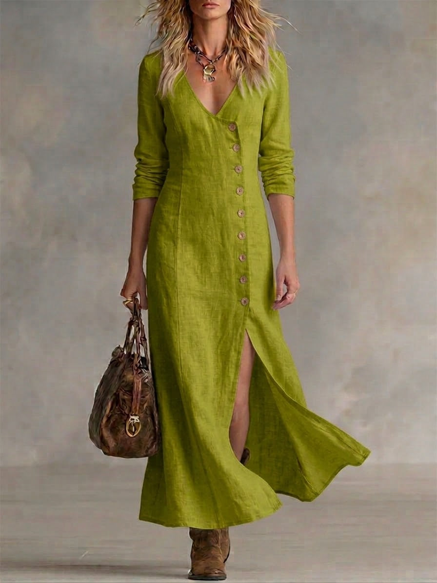 Women’s Elara Button Front Maxi Dress Fitted Silhouette Side Slit Elegant Long Dress Lightweight Breathable Casual to Formal Versatile Summer Outfit