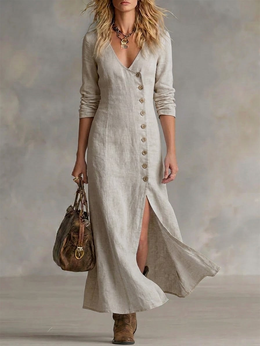 Women’s Elara Button Front Maxi Dress Fitted Silhouette Side Slit Elegant Long Dress Lightweight Breathable Casual to Formal Versatile Summer Outfit