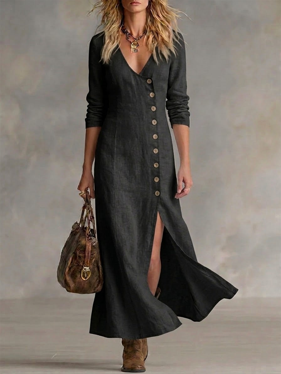 Women’s Elara Button Front Maxi Dress Fitted Silhouette Side Slit Elegant Long Dress Lightweight Breathable Casual to Formal Versatile Summer Outfit