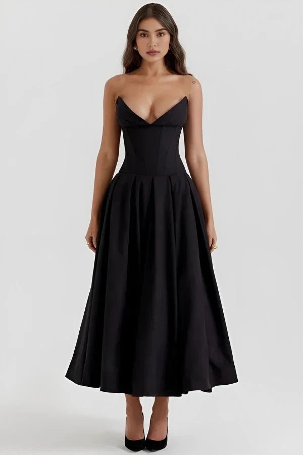 Women's Black Strapless Corset Bodice Fit-and-Flare Dress Sweetheart Neck Party & Night Out