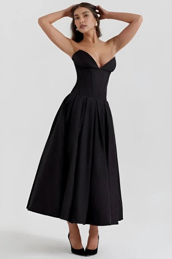 Women's Black Strapless Corset Bodice Fit-and-Flare Dress Sweetheart Neck Party & Night Out