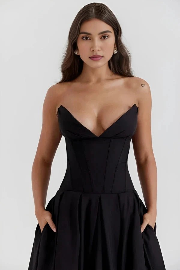 Women's Black Strapless Corset Bodice Fit-and-Flare Dress Sweetheart Neck Party & Night Out