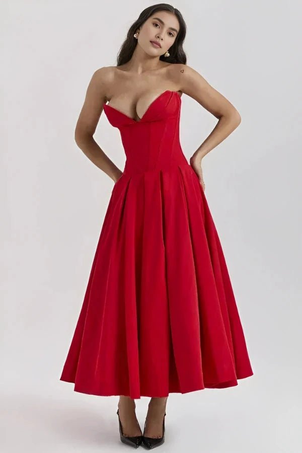 Women's Black Strapless Corset Bodice Fit-and-Flare Dress Sweetheart Neck Party & Night Out