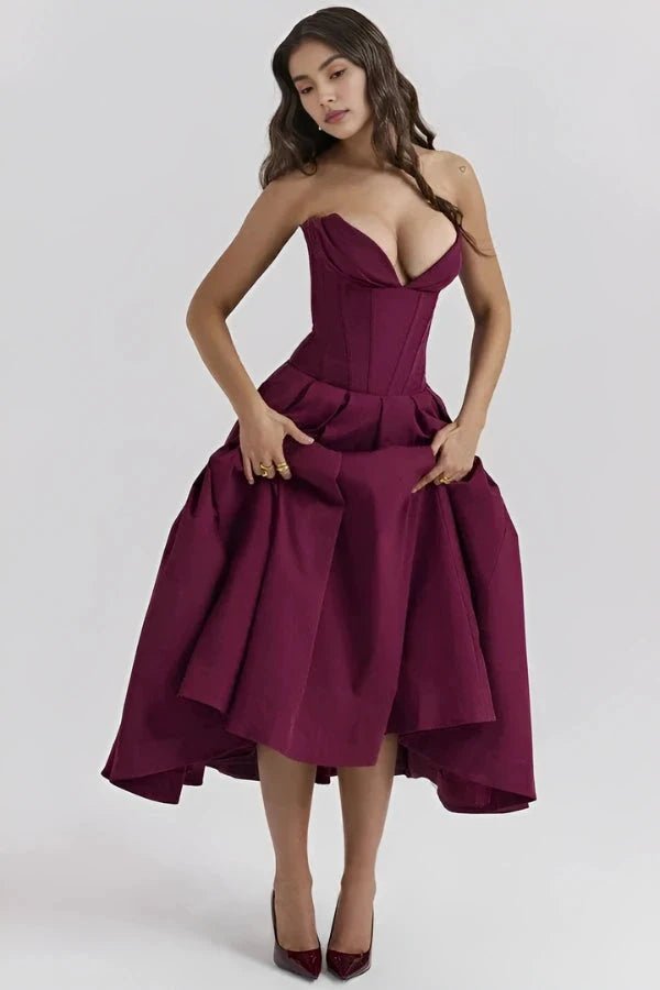 Women's Black Strapless Corset Bodice Fit-and-Flare Dress Sweetheart Neck Party & Night Out