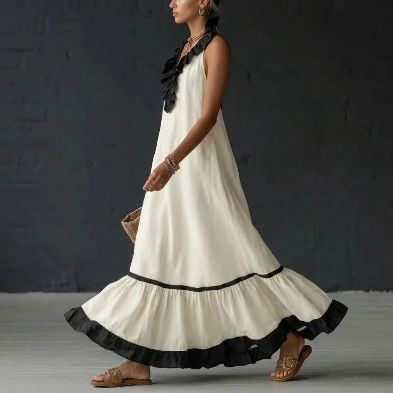 Women’s A-Line Ruffle Pleated Maxi Dress – Elegant V-Neck Sleeveless Evening Party Dress