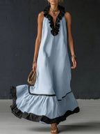 Women’s A-Line Ruffle Pleated Maxi Dress – Elegant V-Neck Sleeveless Evening Party Dress